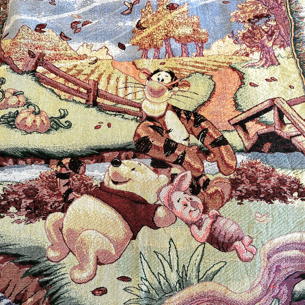 Vtg Winnie The Pooh & Friends In Autumn Tapestry Throw Blanket Fringe 57x47"